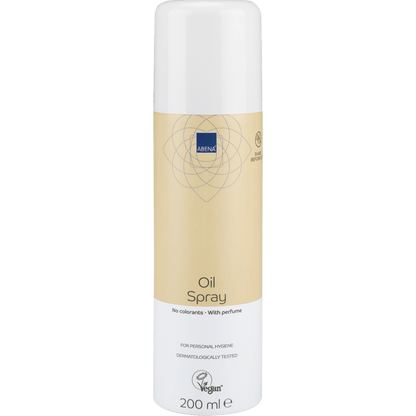 Um spray de óleo cilíndrico Abena Re-Seller GmbH de 200 ml, levemente perfumado, em uma garrafa bege-branca com a inscrição "Sem corantes", "Levemente perfumado" e "Vegan", com uma tampa branca. Vendido como caixa (12 pacotes).