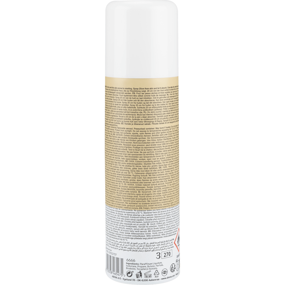 Spray de óleo, levemente perfumado (200 ml) da Abena Re-Seller GmbH, em pé com tampa branca e um rótulo traseiro detalhado com instruções, avisos e informações de reciclagem. Vendido em caixas de 12 unidades.