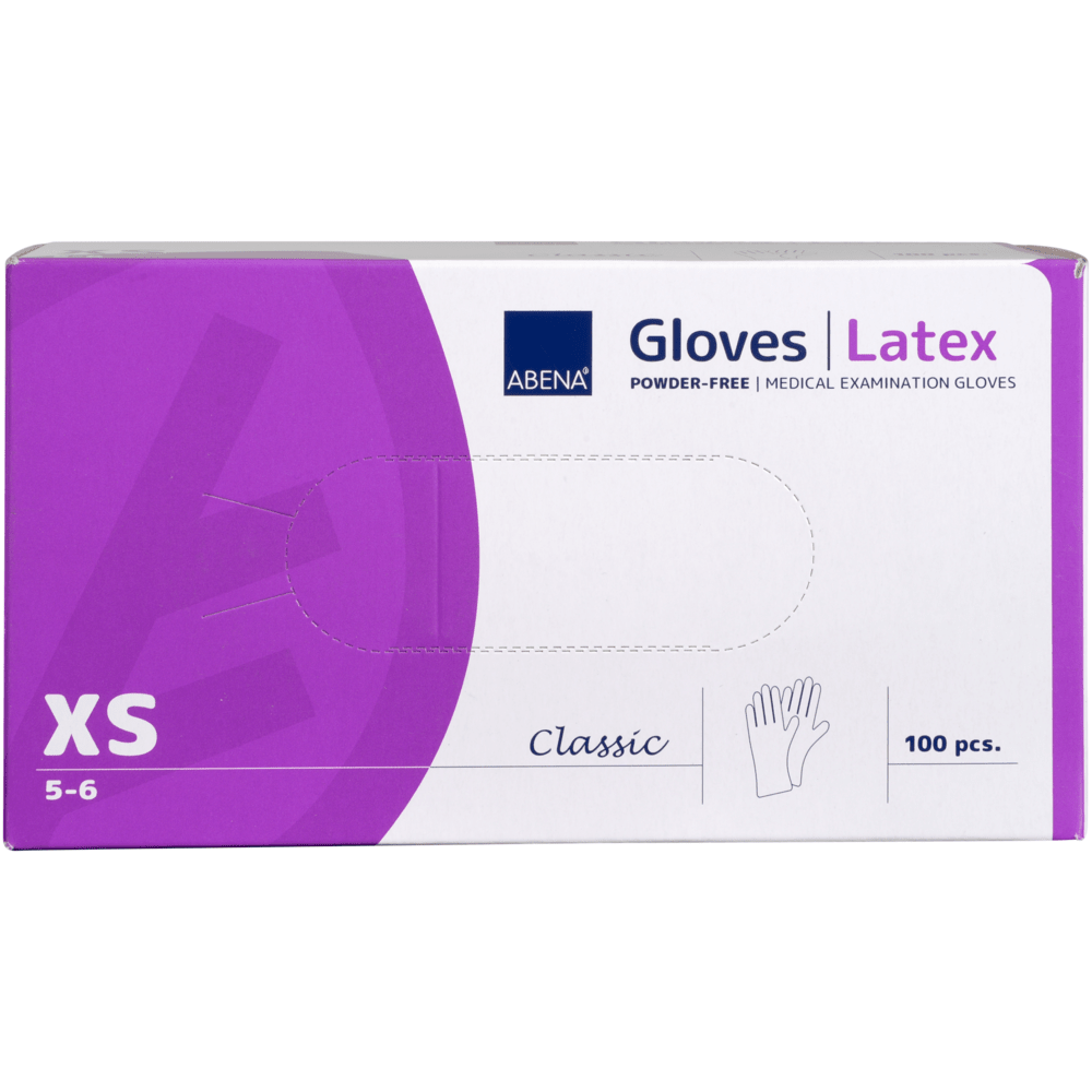 Uma caixa de Luvas de Látex Classic, sem pó, natural da Abena Re-Seller GmbH, Tamanho XS (5-6) contém 100 unidades. Ideal para instalações médicas. A caixa é predominantemente lilás e branca com texto e ilustração de mão.