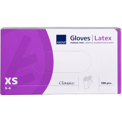 Uma caixa de Luvas de Látex Classic, sem pó, natural da Abena Re-Seller GmbH, Tamanho XS (5-6) contém 100 unidades. Ideal para instalações médicas. A caixa é predominantemente lilás e branca com texto e ilustração de mão.