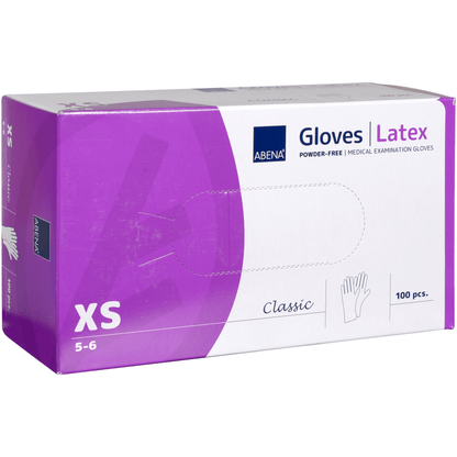 Uma caixa retangular de Luvas de Látex Classic, sem pó, natural da Abena Re-Seller GmbH, Tamanho XS (5-6), design lilás/branco com imagem de mão; contém 100 luvas - ideal para instalações médicas.
