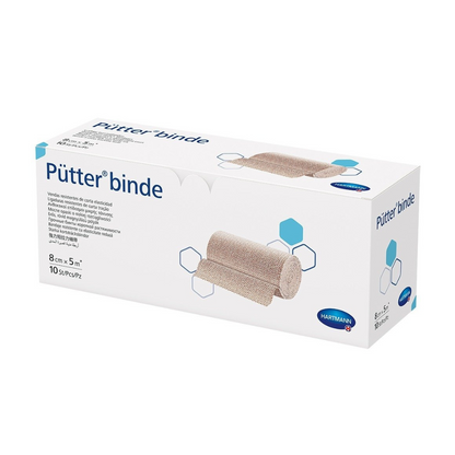 Uma caixa de Hartmann Pütter-Verband® da Paul Hartmann AG, na qual estão visíveis imagens do produto, que é um tipo de ligadura coesiva. A embalagem está disponível nas cores azul e branco com texto e ...