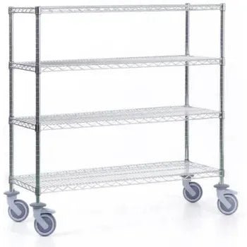 O carrinho de estantes Novocal em aço de precisão, niquelado e cromado de alto brilho, com 4 postes de canto e 4 prateleiras, é ideal para armazenamento e transporte flexível de mercadorias. Embalagem: 1 peça.