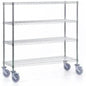 O carrinho de estantes Novocal em aço de precisão, niquelado e cromado de alto brilho, com 4 postes de canto e 4 prateleiras, é ideal para armazenamento e transporte flexível de mercadorias. Embalagem: 1 peça.