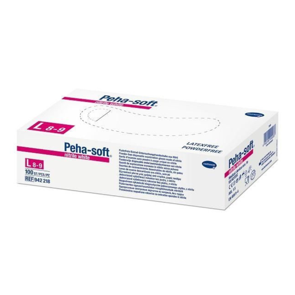 Vê-se uma caixa de luvas de nitrilo Hartmann Peha-soft® da Paul Hartmann AG. A embalagem no tamanho L 8-9 contém 100 luvas sem pó e sem látex numa mistura de tons de branco, azul e rosa com informações detalhadas do produto elegantemente impressas.