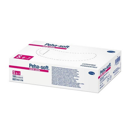 Embalagem com luvas de nitrilo Hartmann Peha-soft® no tamanho S 6-7, claramente marcada como sem pó e sem látex. A embalagem é principalmente branca com acentos azuis e rosa e contém 200 luvas. Detalhes do produto e números de referência são visíveis na lateral, fabricado por Paul Hartmann AG.