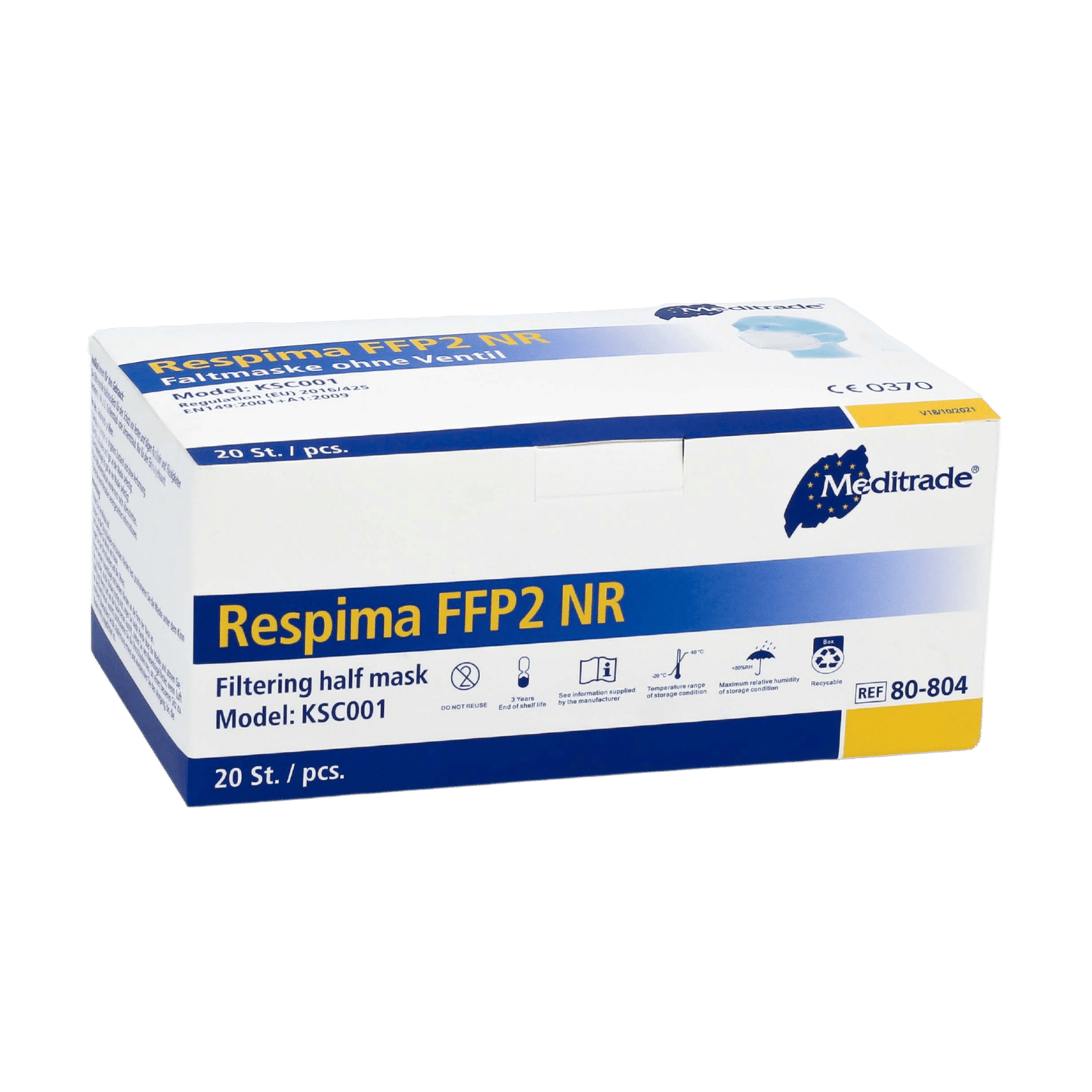 Uma caixa de máscaras respiratórias FFP2 Meditrade Respima é apresentada contra um fundo simples. A caixa branca com detalhes azuis mostra que contém 100 unidades e ostenta no canto superior direito de forma proeminente o nome da marca Meditrade GmbH, conhecida por equipamentos de proteção pessoal.
