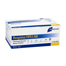 Uma caixa de máscaras respiratórias FFP2 Meditrade Respima é apresentada contra um fundo simples. A caixa branca com detalhes azuis mostra que contém 100 unidades e ostenta no canto superior direito de forma proeminente o nome da marca Meditrade GmbH, conhecida por equipamentos de proteção pessoal.