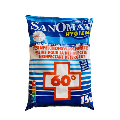 Uma embalagem de 15 kg de Rösch Sanomat Desinfektionswaschmittel da Rösch Germany GmbH é projetada em azul e vermelho e possui uma cruz vermelha marcante. Está listado no RKI, certificado pelo VAH e adequado para temperaturas de lavagem até 60 graus Celsius.