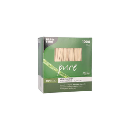 Uma caixa de PAPSTAR colheres de mexer "pure" da PAPSTAR GmbH contém 1.000 colheres de mexer com um comprimento de 14 cm, feitas de madeira de bétula sem lascas, caracterizadas por um design verde com as inscrições "bio-based" e "100% natural".