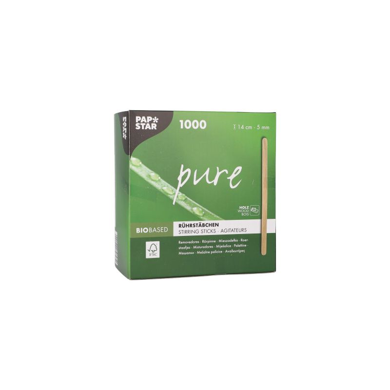 Uma caixa verde e branca da PAPSTAR GmbH com a inscrição "varas de mexer de madeira pure", 14 cm, contém 1000 varas de mexer de madeira ecológicas e estáveis. A caixa mostra um caule de planta e informações do produto em várias línguas.