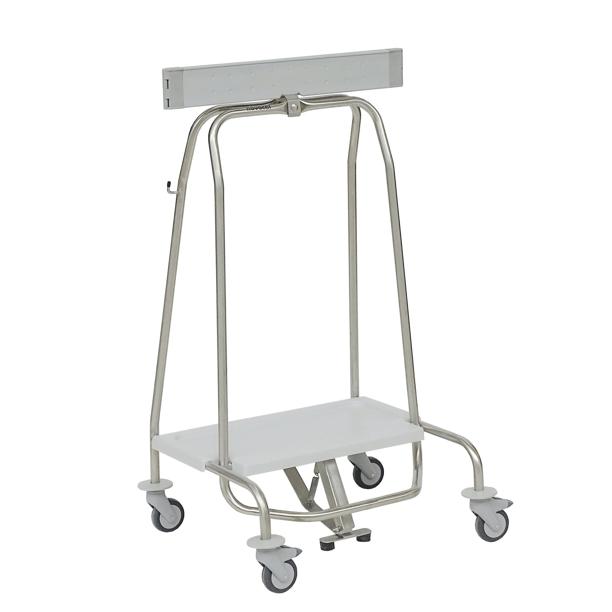 Der Novocal Abfallsammler "Genius" mit Klemmring und Pedal für 70-Liter-Beutel (Format: 57 | Packung mit 1 Stück) verfügt über vier Lenkrollen, eine flache weiße untere Ablage und eine obere Stange, abgebildet auf weißem Hintergrund.