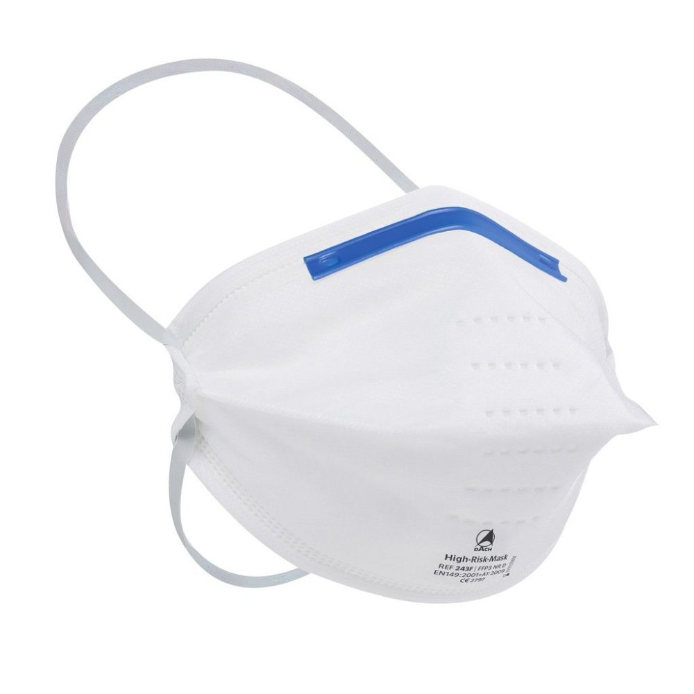 A máscara respiratória de alto risco Altruan SAFE® FFP3 é uma máscara respiratória de partículas branca com faixa elástica para a cabeça e clipe nasal azul ajustável. O design inclui várias pequenas perfurações na área do nariz e uma rotulagem simples em um dos lados. Disponível em uma embalagem com 30 unidades.