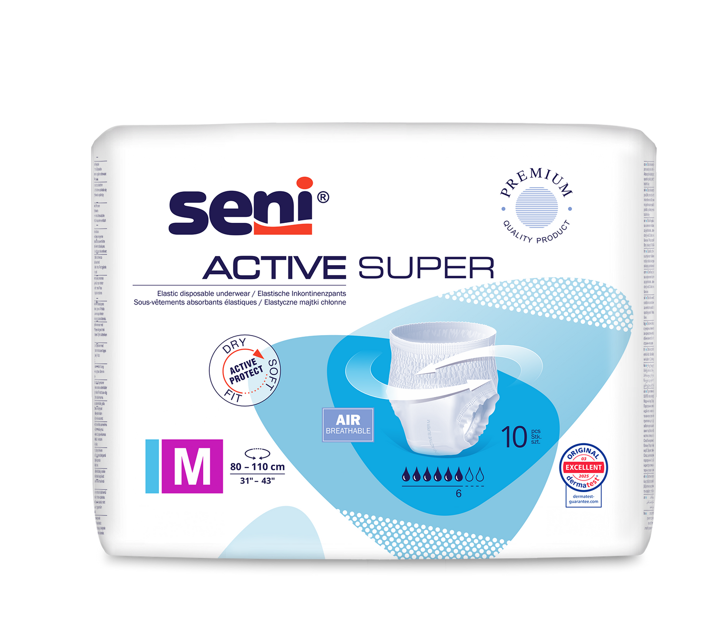 Seni Active Super Inkontinenzpants da TZMO Deutschland GmbH, tamanho M (80-110 cm), para fraqueza da bexiga. Respirável, com indicador de umidade e certificados de qualidade. Cada pacote contém 10 peças de roupa interior descartável.