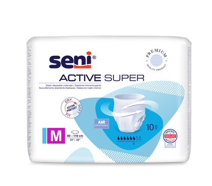 Seni Active Super Inkontinenzpants da TZMO Deutschland GmbH, tamanho M (80-110 cm), para fraqueza da bexiga. Respirável, com indicador de umidade e certificados de qualidade. Cada pacote contém 10 peças de roupa interior descartável.