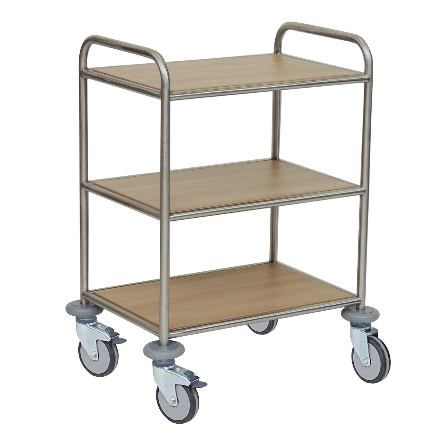 O carrinho multifuncional Novocal possui uma estrutura de aço inoxidável, três prateleiras revestidas de melamina na cor Novocal-F e quatro rodas grandes para facilitar o transporte. É fornecido como uma unidade.