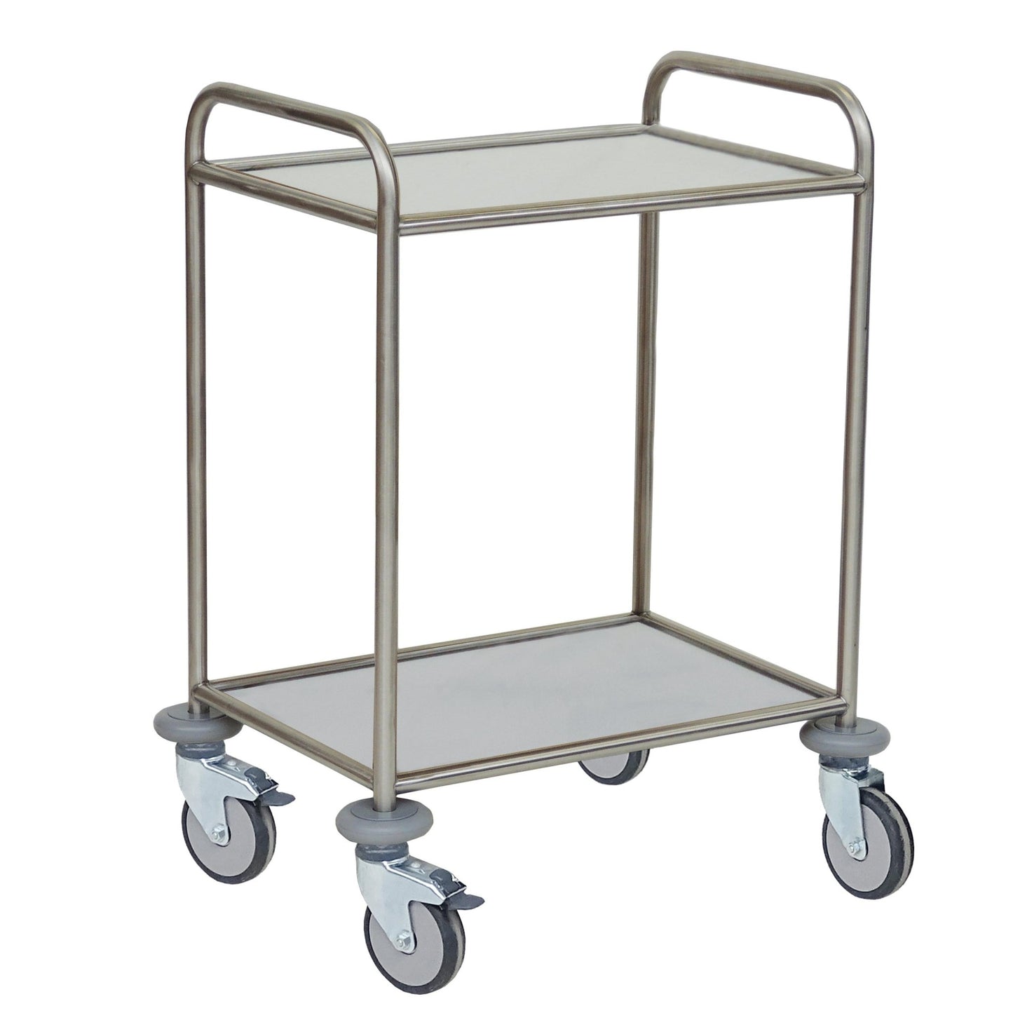 O carrinho multiuso Novocal possui uma estrutura de aço inoxidável, duas prateleiras sólidas de núcleo que são resistentes à água, calor e desinfetantes, além de quatro rodízios e duas alças - ideal para o transporte eficiente de objetos.