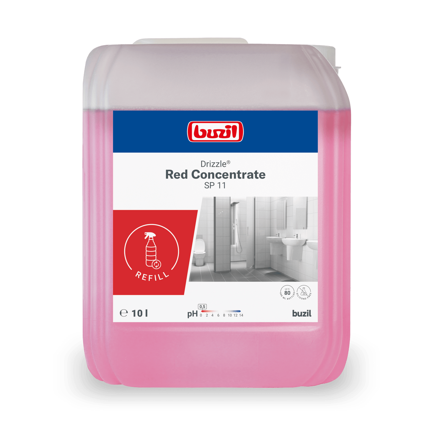 Um recipiente de 10 litros de Drizzle® Red Concentrate Limpador Sanitário (vermelho) da BUZIL-WERK Wagner GmbH & Co. KG, ideal para limpeza de banheiros e sanitários, possui um rótulo com imagens de banheiros e instruções detalhadas de uso.