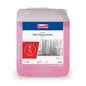 Um recipiente de 10 litros de Drizzle® Red Concentrate Limpador Sanitário (vermelho) da BUZIL-WERK Wagner GmbH & Co. KG, ideal para limpeza de banheiros e sanitários, possui um rótulo com imagens de banheiros e instruções detalhadas de uso.