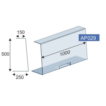 Esboço de um expositor de balcão de proteção de contato Novocal transparente em forma de U (acrílico de 6 mm, passagem) com as dimensões: 500 mm de altura, 1000 mm de largura, 250 mm de profundidade inferior, 150 mm de profundidade superior. O código "AP029" aparece no canto superior direito.