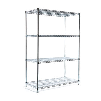 Die Novocal Standregal Grundeinheit aus vernickeltem, hochglanzverchromtem Präzisionsstahl verfügt über vier Eckpfosten und ein offenes Design mit vier flexiblen Böden.