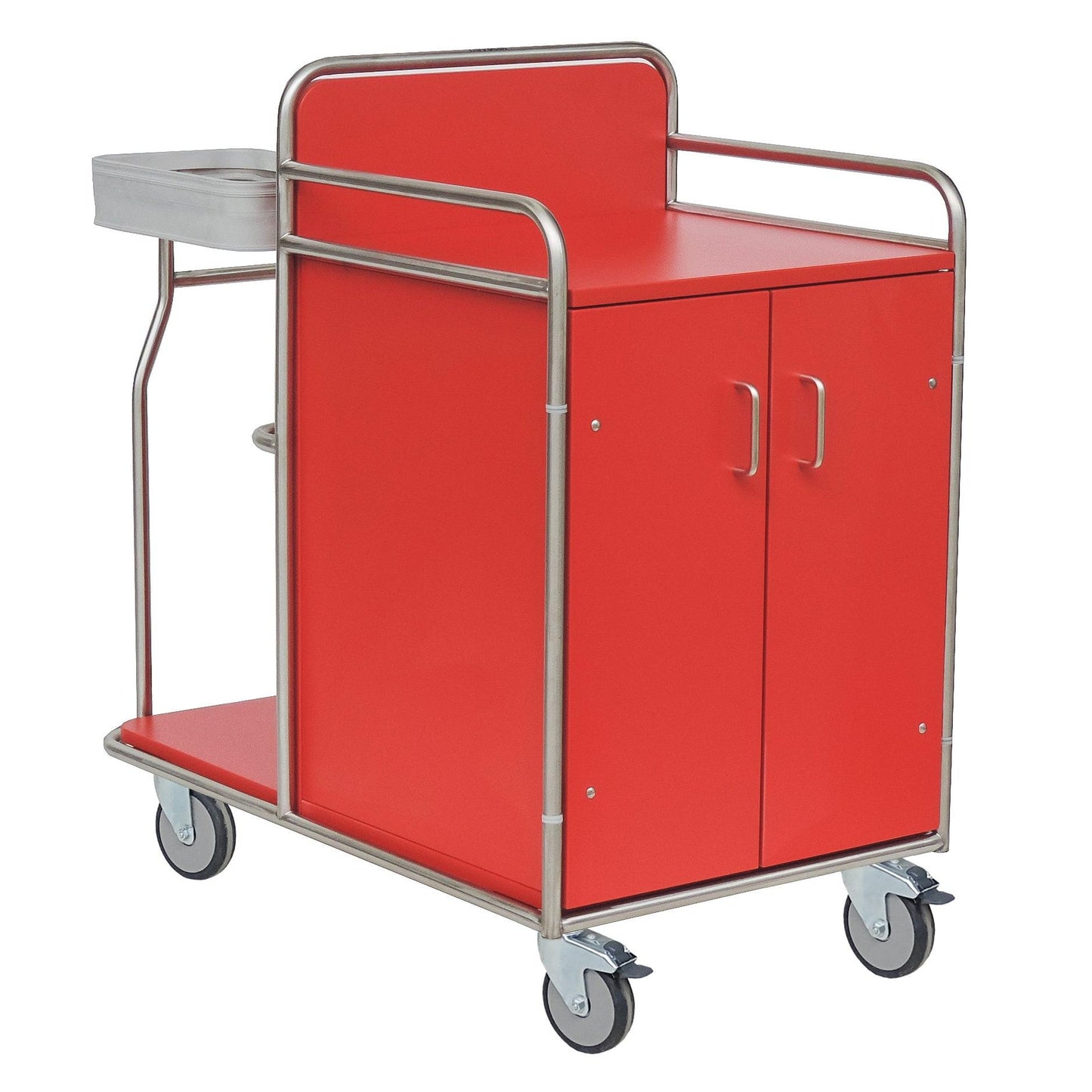 O carrinho de estação Novocal em aço inoxidável soldado possui duas portas de armário, quatro rodízios, uma placa de cobertura plana, alças de metal e um recipiente lateral - ideal para instalações médicas.