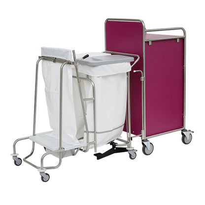 O carrinho de estação Novocal possui um revestimento castanho, uma estrutura de aço inoxidável totalmente soldada, rodas e um suporte de saco de plástico branco com tampa - perfeito para a coleta eficiente de lixo ou roupa no setor da saúde.