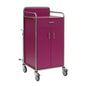 O carrinho de estação Novocal com uma estrutura de aço inoxidável, uma gaveta superior, duas portas inferiores e quatro rodas giratórias é ideal para hospitais. Ele é apresentado em violeta, possui conexões de tubo redondo totalmente soldadas e está ilustrado sobre um fundo branco simples.