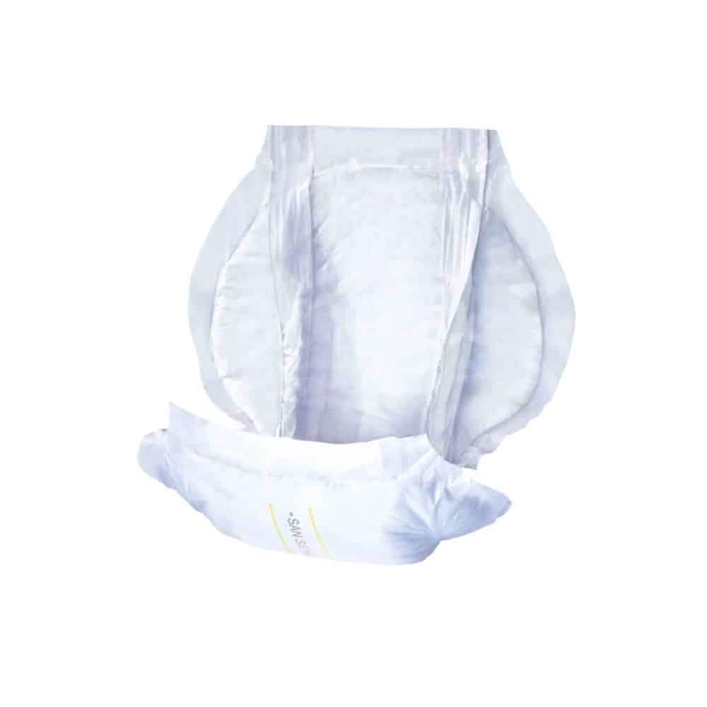 Uma imagem de uma fralda para adultos aberta e não utilizada com partes laterais e punhos elásticos para as pernas para conforto ideal. A San Seni Prima Inkontinenzvorlage | Packung (30 Stück) da TZMO Deutschland GmbH é branca com uma faixa azul-clara e amarela no meio, indicando a área de absorção para incontinência.