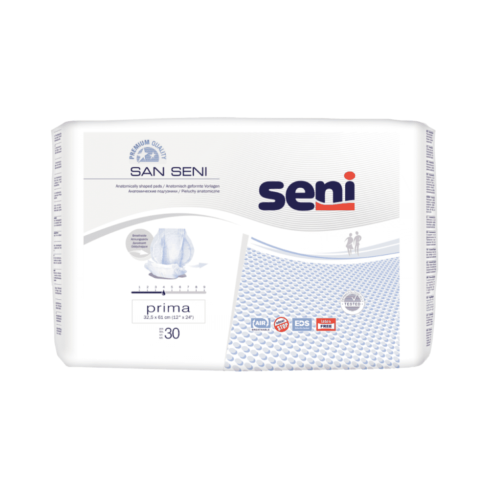 Embalagem de fraldas para adultos da marca TZMO Deutschland GmbH com o rótulo „San Seni Prima Inkontinenzvorlage | Packung (30 Stück)“ e „Premiumqualität“. A embalagem contém 30 fraldas anatomicamente moldadas de material respirável. O logotipo destaca características como EDS, proteção contra vazamentos e controle de odor, proporcionando assim conforto para quem sofre de incontinência.