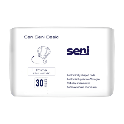 A embalagem da fralda para incontinência San Seni Classic Prima da TZMO Deutschland GmbH mostra o logotipo da marca e o nome do produto. Indica pensos anatómicos para fraqueza da bexiga, mede 32,5 x 61 cm, oferece proteção contra vazamentos e contém 30 unidades.