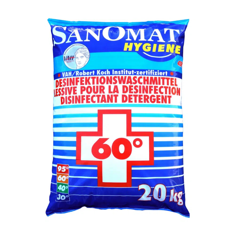 Um saco azul com a inscrição „Rösch Sanomat Desinfektionswaschmittel“ está marcado na frente com uma cruz vermelha e „60°“, indicando o uso como 20 kg de desinfetante. O produto da Rösch Germany GmbH está listado no RKI e certificado pelo VAH, as informações estão disponíveis em alemão e francês.