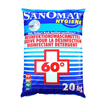 Um saco azul com a inscrição „Rösch Sanomat Desinfektionswaschmittel“ está marcado na frente com uma cruz vermelha e „60°“, indicando o uso como 20 kg de desinfetante. O produto da Rösch Germany GmbH está listado no RKI e certificado pelo VAH, as informações estão disponíveis em alemão e francês.