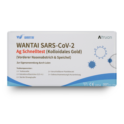 Imagem de um teste rápido Wantai SARS-CoV-2 para testes rápidos de antígenos com tecnologia de ouro coloidal. O kit contém instruções para zaragatoas nasais e amostras de saliva. A embalagem exibe gráficos azuis e a marca Altruan, destacando seu status como uma opção premium de teste Lollipop para resultados confiáveis.