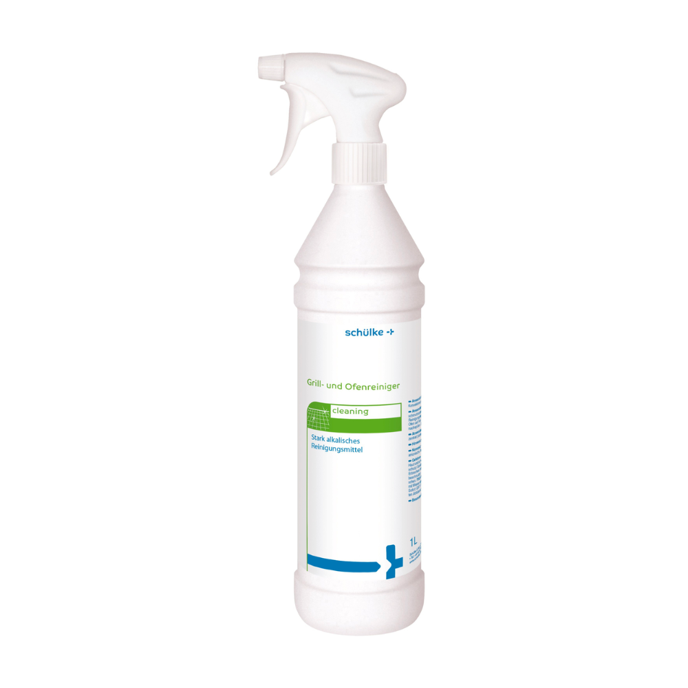 Uma garrafa de spray de plástico branco com a inscrição "Schülke & Mayr GmbH" e texto verde e azul, indicando que é um "Schülke Grill- und Ofenreiniger | Garrafa (1 l)", um forte limpador alcalino para grelhadores e fornos na indústria alimentar. A garrafa possui um bico de pulverização e uma capacidade de 1 litro.