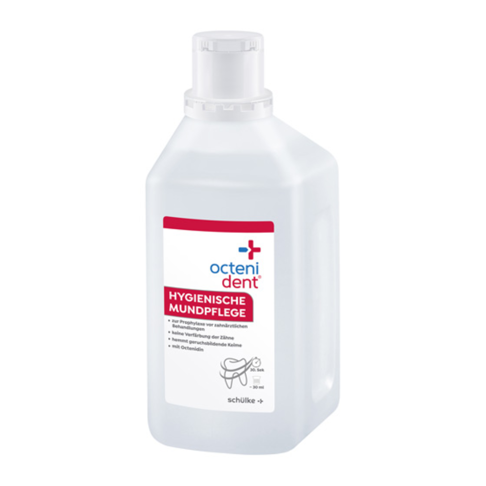 Uma garrafa de solução para bochechos Octenident® da Schülke & Mayr GmbH com rótulos em alemão, que indicam cuidados de higiene bucal. A garrafa é transparente, contém um líquido azul-claro e tem um rótulo branco com acentos vermelhos e azuis.