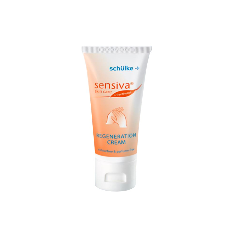 A imagem mostra um frasco de 50 ml do "Schülke Sensiva® Creme Regeneradora" da Schülke & Mayr GmbH. O design com fundo branco e gradiente laranja, bem como a gráfica de mãos, destaca a fórmula testada dermatologicamente, sem corantes e perfumes, que proporciona hidratação intensa à pele.