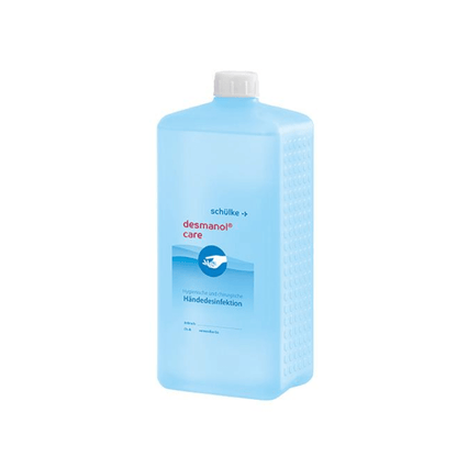 Uma garrafa azul de desinfetante para mãos Schülke desmanol® care com um rótulo de fórmula de cuidado da pele, onde o produto é indicado como adequado para desinfecção das mãos higiênica e cirúrgica, da Schülke & Mayr GmbH.
