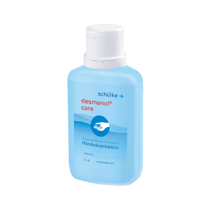 Uma garrafa de desinfetante para mãos Schülke desmanol® care da Schülke & Mayr GmbH com um líquido azul e um rótulo com detalhes do produto em letras brancas e azuis.