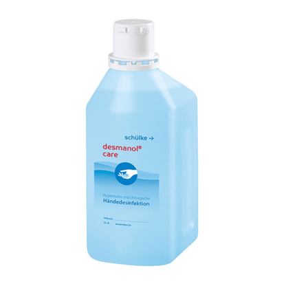 Uma garrafa de desinfetante para mãos Schülke desmanol® care da Schülke & Mayr GmbH com tampa branca e rótulo azul, onde o nome do produto e informações sobre o uso para desinfecção das mãos higiênica e cirúrgica estão proeminentemente colocados.