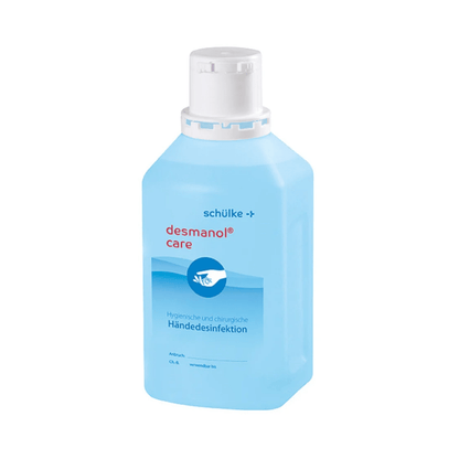 Uma garrafa de desinfetante para mãos Schülke desmanol® care da Schülke & Mayr GmbH com tampa branca e rótulo nas cores azul e branco, onde são indicados o uso do produto e a marca. O líquido no interior parece