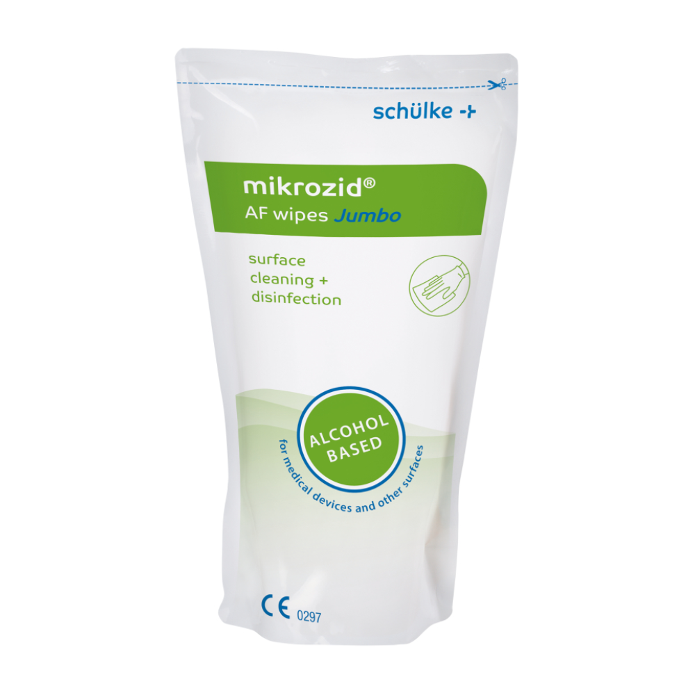 Eine Packung Schülke mikrozid® AF wipes Desinfektionstücher der Schülke & Mayr GmbH zur Schnelldesinfektion. Die weiß-grüne Verpackung enthält Produktinformationen und Anwendungssymbole.