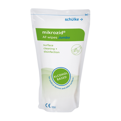 Um pacote de toalhetes desinfetantes Schülke mikrozid® AF wipes da Schülke & Mayr GmbH para desinfeção rápida. A embalagem branco-verde contém informações sobre o produto e símbolos de aplicação.