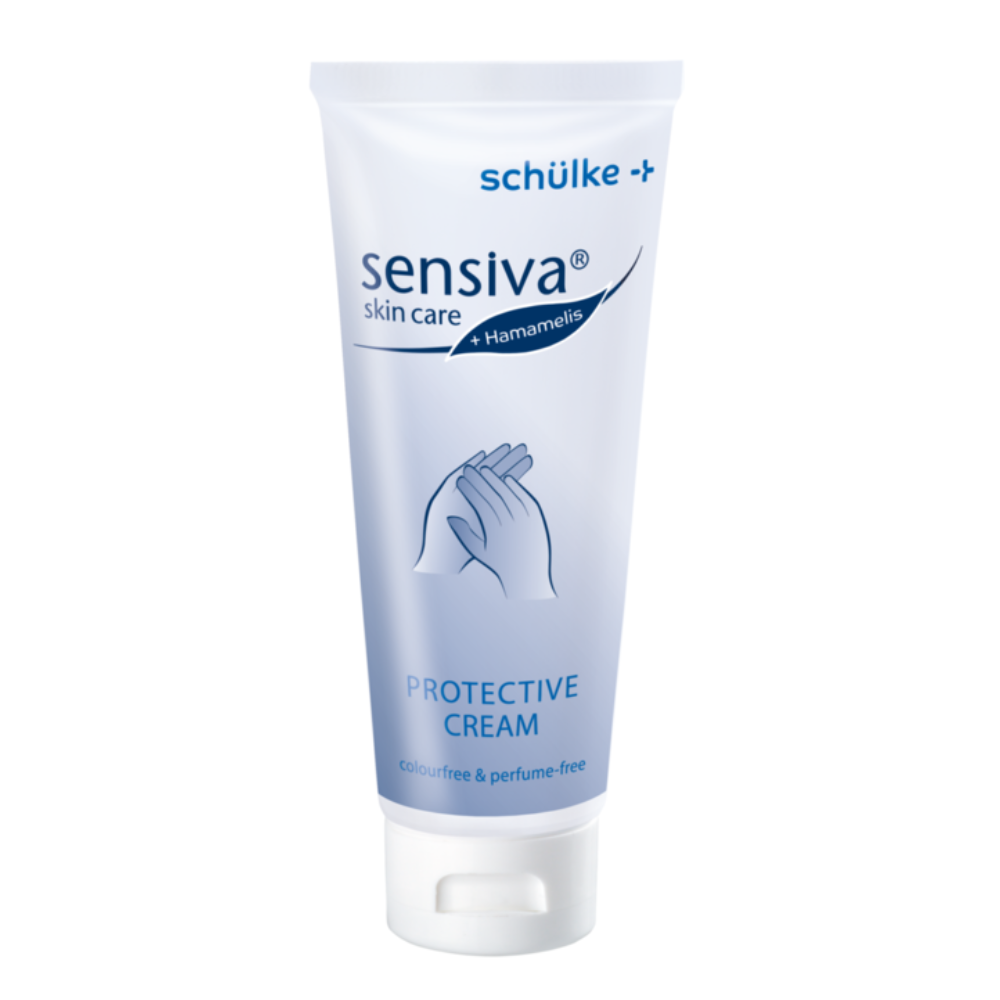 A Schülke sensiva® Creme de Proteção para a Pele está disponível em um tubo branco com marcação azul, que destaca sua fórmula de água em óleo. Ela é livre de corantes e perfumes e apresenta na frente uma imagem de mãos para destacar a proteção contra irritações na pele.