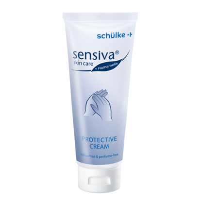 A Schülke sensiva® Creme de Proteção para a Pele está disponível em um tubo branco com marcação azul, que destaca sua fórmula de água em óleo. Ela é livre de corantes e perfumes e apresenta na frente uma imagem de mãos para destacar a proteção contra irritações na pele.