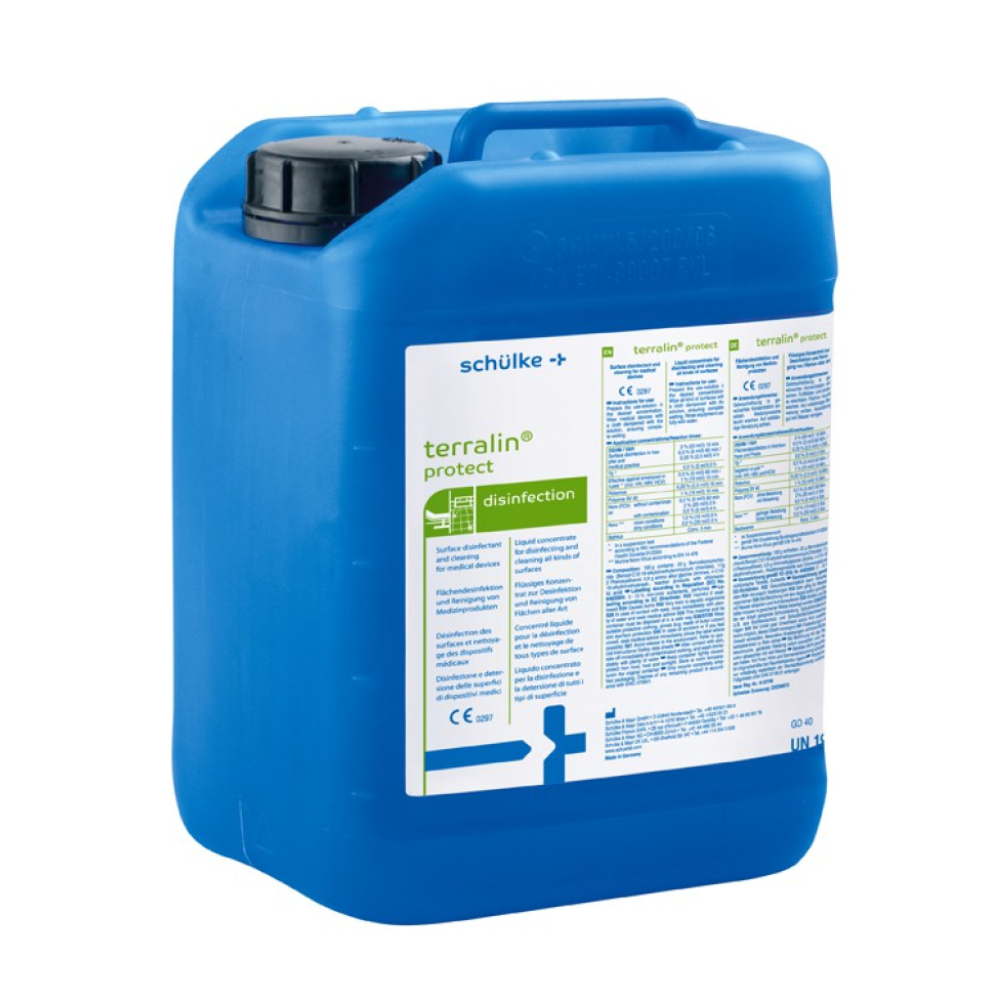 Galão de plástico azul com a inscrição "Schülke terralin® protect concentrado para desinfecção e limpeza" da Schülke & Mayr GmbH com texto e símbolos que indicam o uso para desinfecção de superfícies. Detalhes e instruções de uso estão visíveis no rótulo.