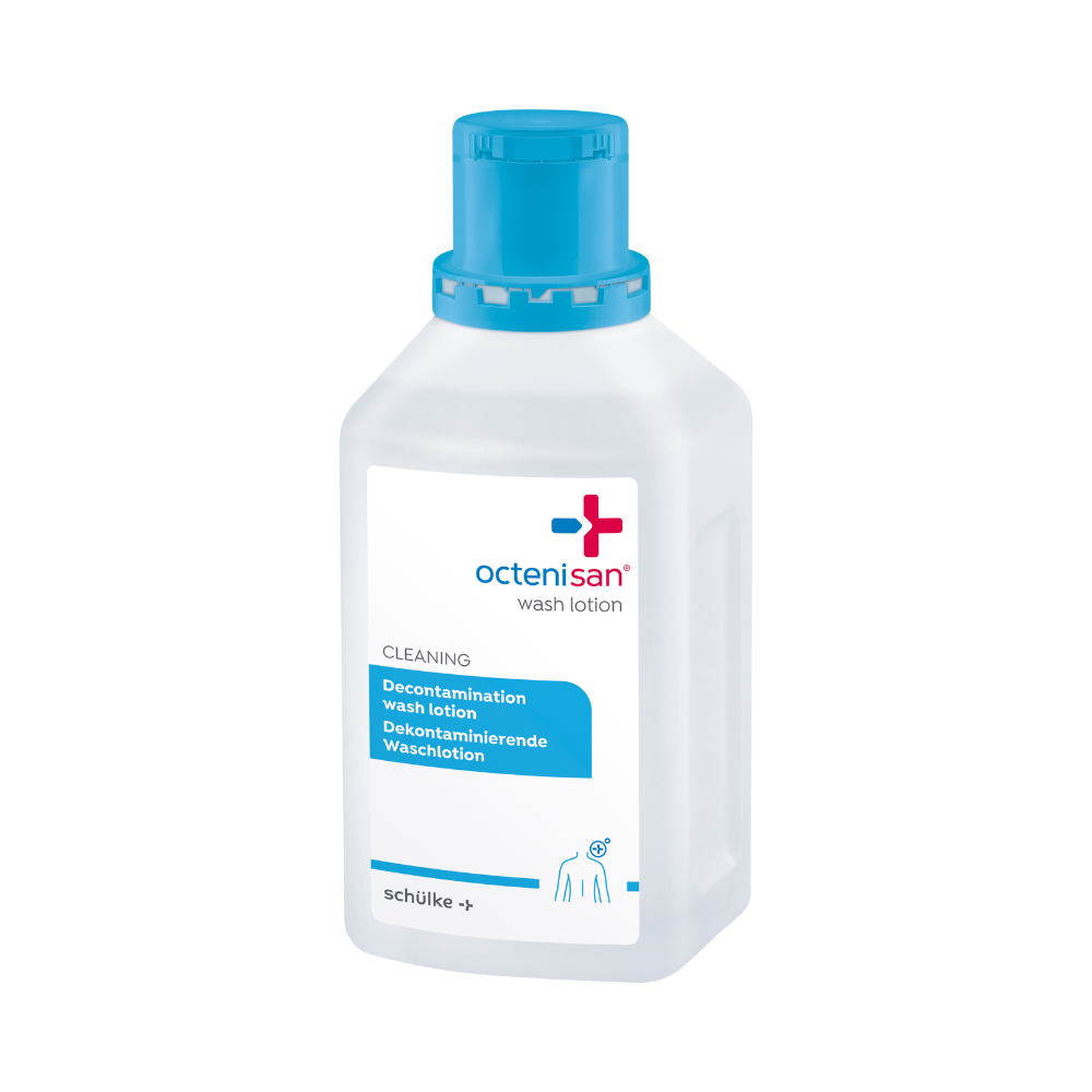 Uma garrafa de plástico transparente Schülke Octenisan Waschlotion da Schülke & Mayr GmbH com tampa azul e rótulo bilíngue está em pé sobre um fundo branco, ideal para limpeza antisséptica da pele e cuidados higiênicos do corpo.