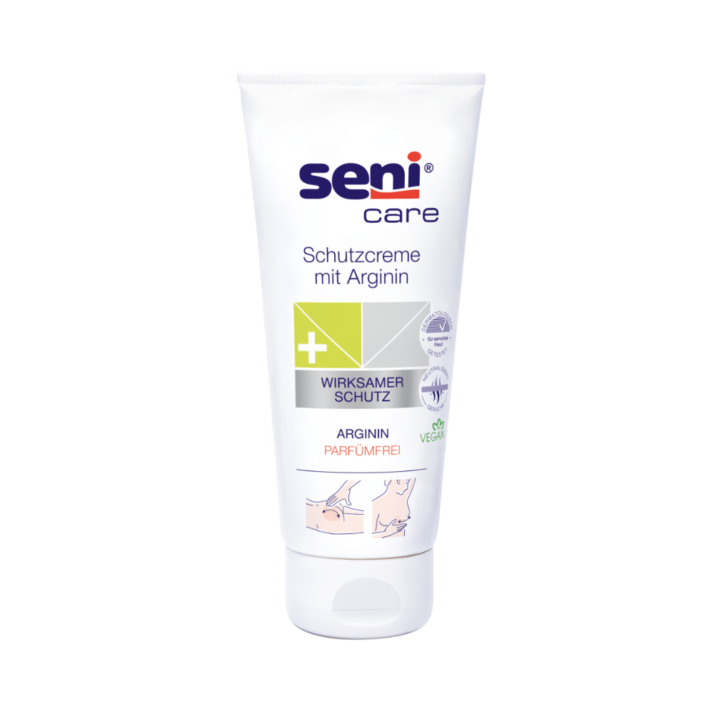 Um tubo branco do creme protetor de feridas Seni Care com Arginina – 200 ml da TZMO Deutschland destaca sua proteção eficaz para pele sensível. A fórmula vegana e sem perfume apoia o processo de regeneração da pele, sendo assim ideal para o cuidado da pele.