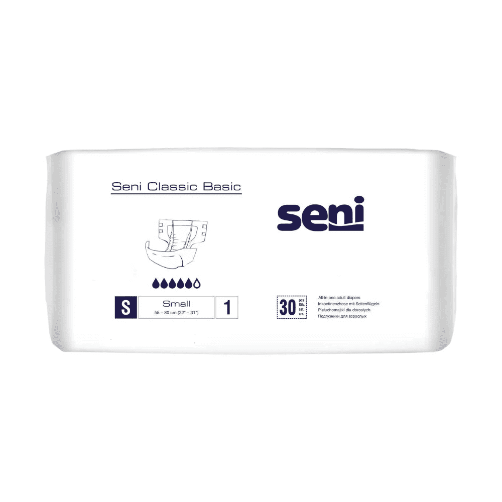 Uma embalagem de fraldas para incontinência Seni Classic Basic (tamanho S, 30 unidades, 55-80 cm) da TZMO Deutschland GmbH com camada externa respirável para conforto em casos de fraqueza da bexiga; Contém diagramas e símbolos de absorção na embalagem.