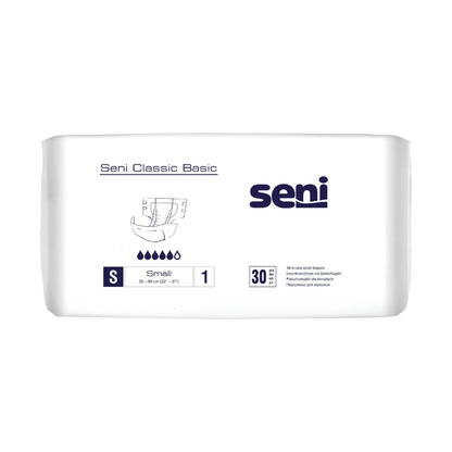 Uma embalagem de fraldas para incontinência Seni Classic Basic (tamanho S, 30 unidades, 55-80 cm) da TZMO Deutschland GmbH com camada externa respirável para conforto em casos de fraqueza da bexiga; Contém diagramas e símbolos de absorção na embalagem.